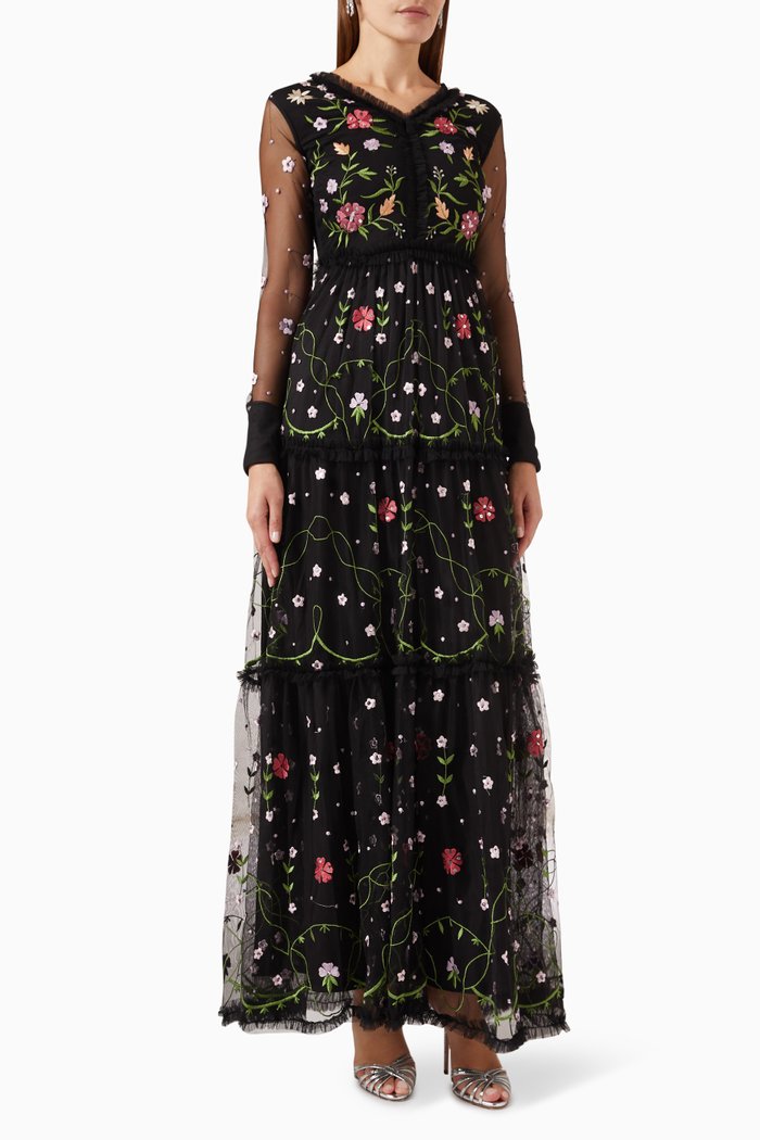 

Floral Embroidery Maxi Dress in Tulle, Black