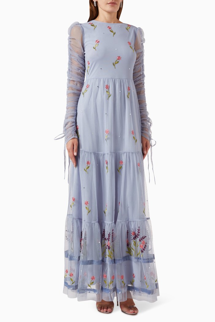 

Floral Embroidery Maxi Dress in Tulle, Blue