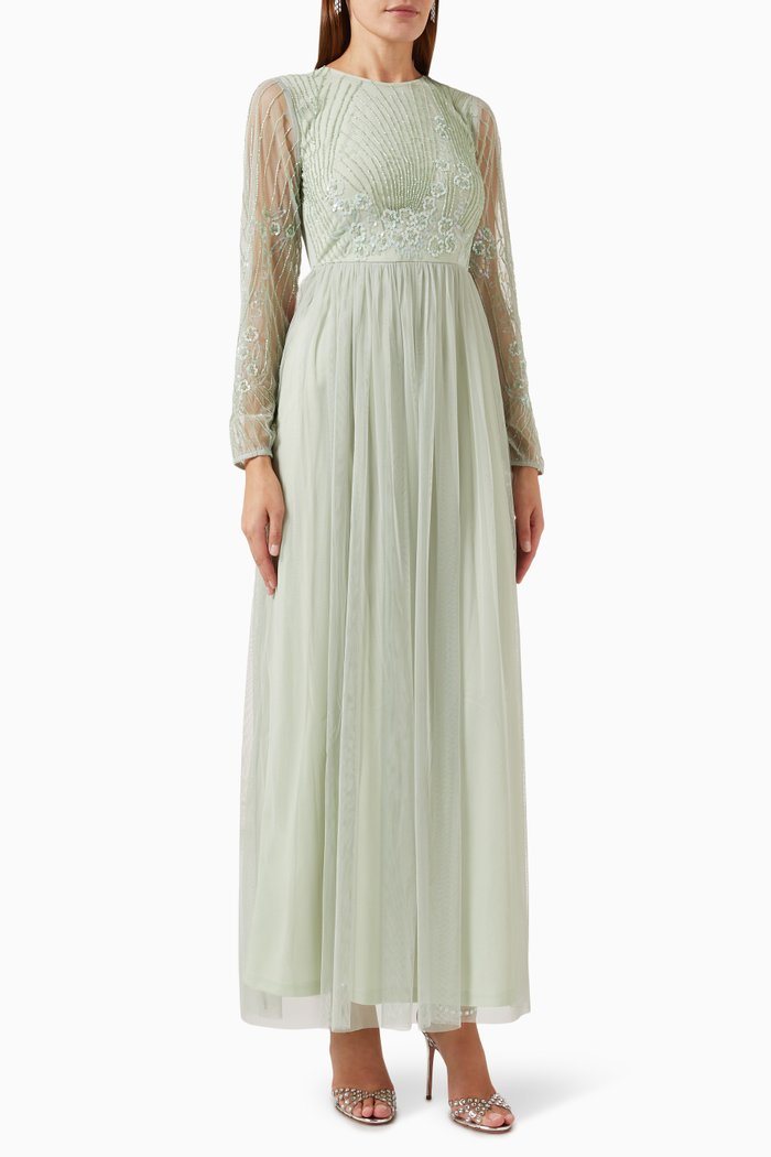 

Floral Embellished Maxi Dress in Tulle, Green