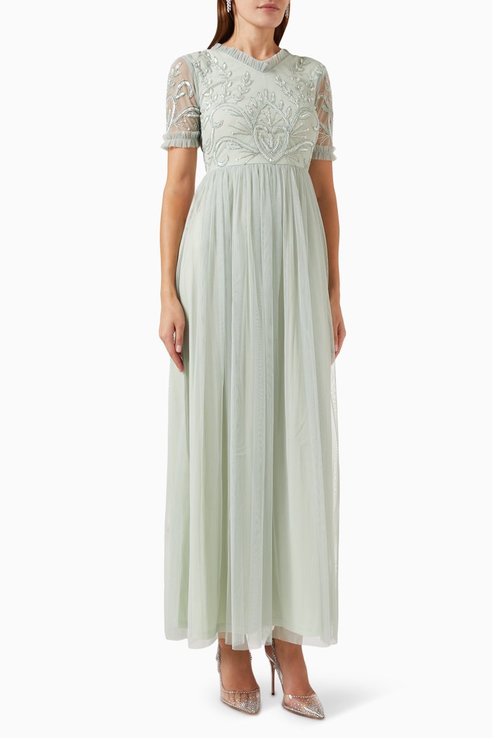 

Floral Embroidery Maxi Dress in Tulle, Green