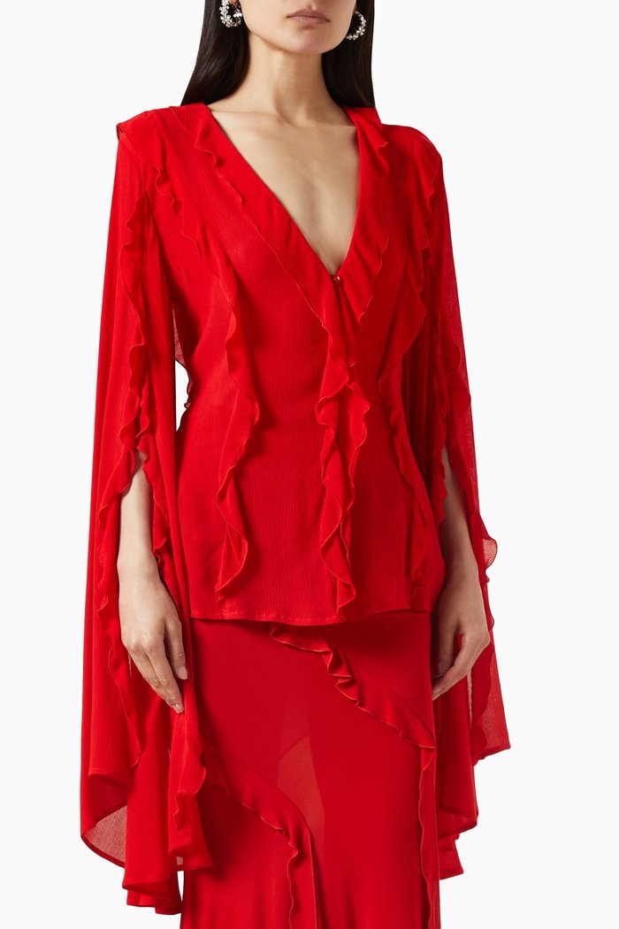 

Ruffled Split-sleeve Top in Viscose, Red