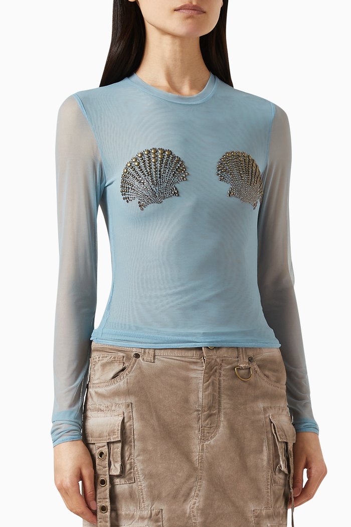 

Embroidered T-shirt in Tulle, Blue