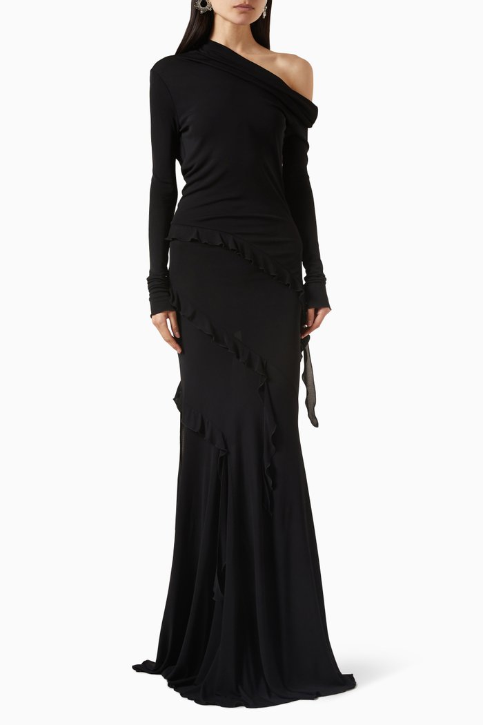 

Ruffled One-shoulder Maxi Dress in Viscose-jersey, Black