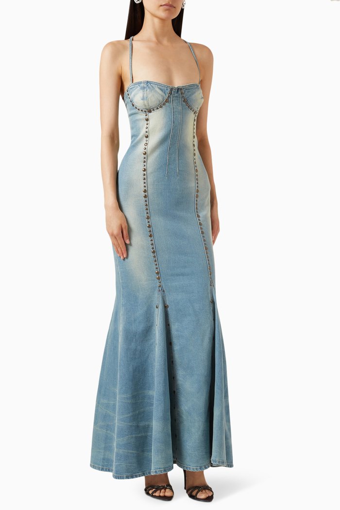 

Fishtail Studded Dress in Denim, Multicolour