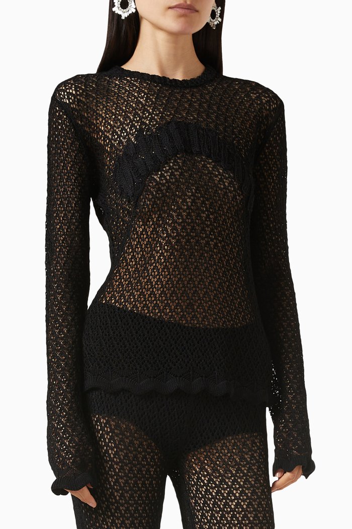 

Crochet-knit Sheer Top in Viscose-blend, Black