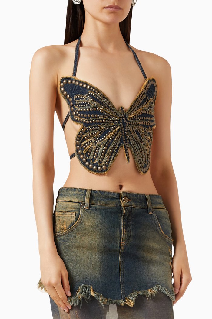 

Butterfly Studded Halterneck Top in Cotton, Multicolour