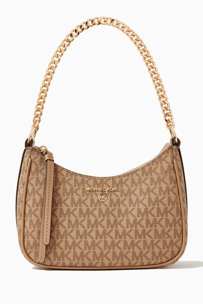 

Jet Set Charm Small Shoulder Bag in Logo Canvas, Brown