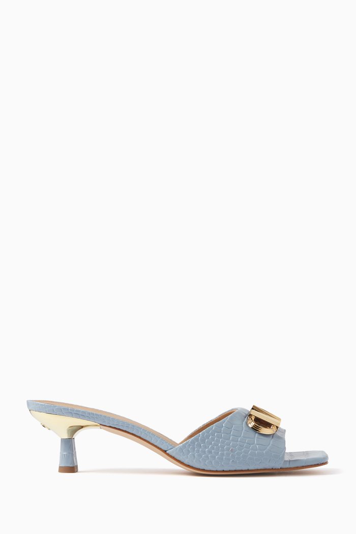 Amal Kitten Heel Sandals in Crocodile-embossed Leather, Blue