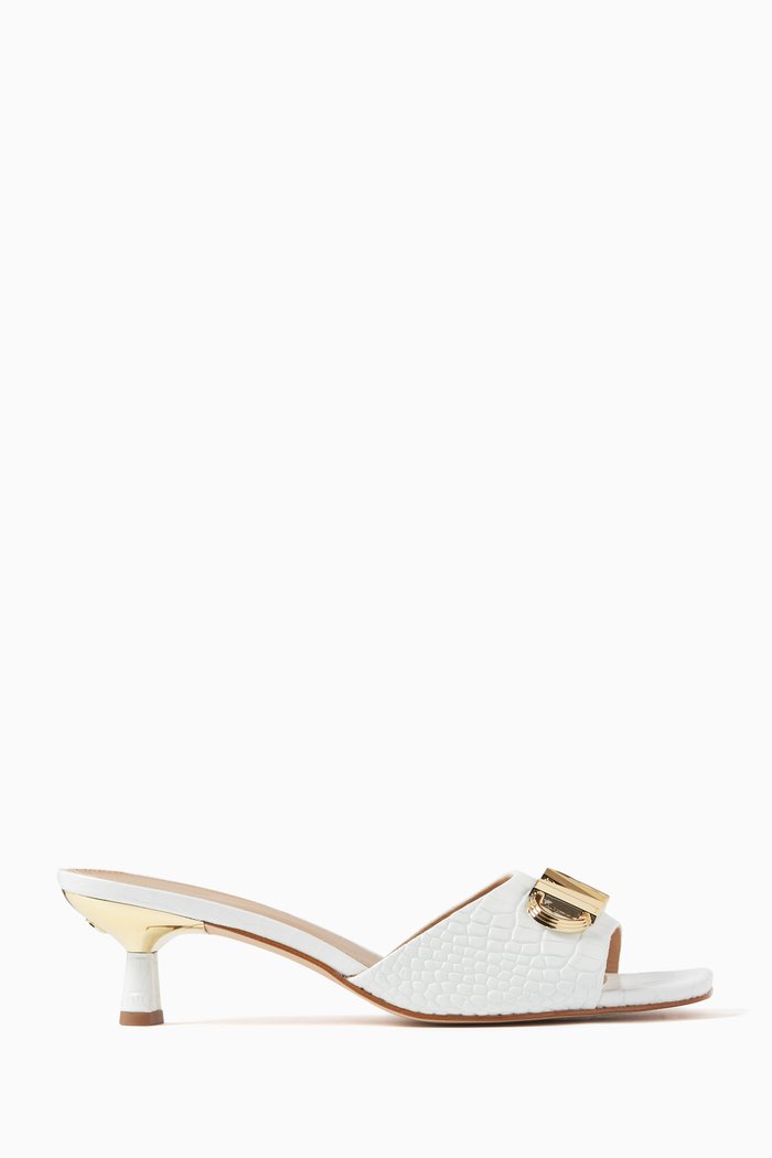 

Amal Kitten Heel Sandals in Crocodile-embossed Leather, White