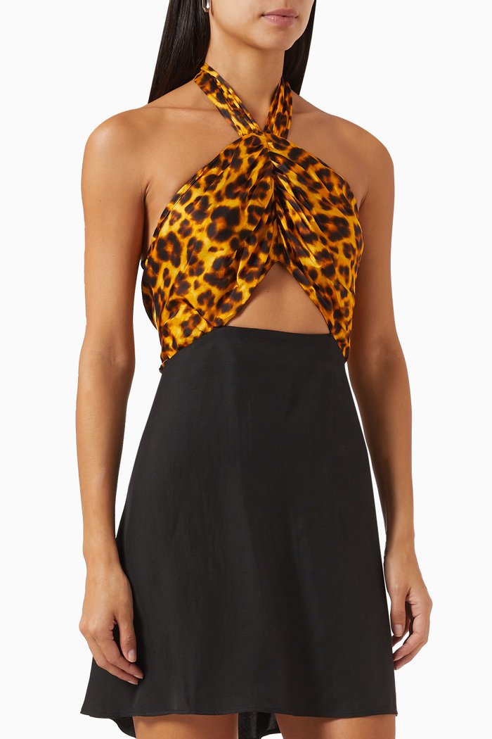 

Argane Printed Halter Mini Dress in Viscose-satin & Linen-blend, Multicolour