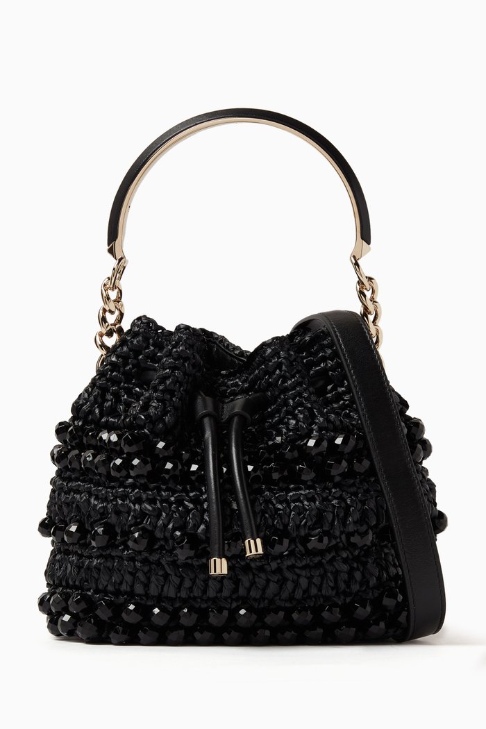 

Bon Bon Bucket S Bag in Beaded Raffia & Smooth Leather, Black