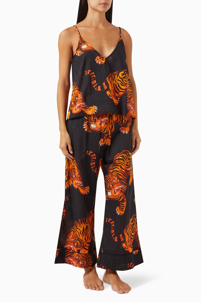 

Rayas-print Cami & Wide-leg Pants Set in Cotton, Black