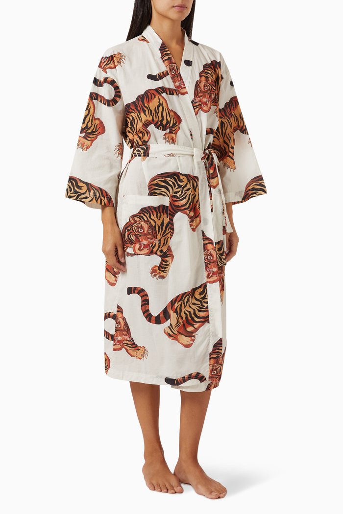 Rayas-print Wrap Robe in Cotton, Neutral