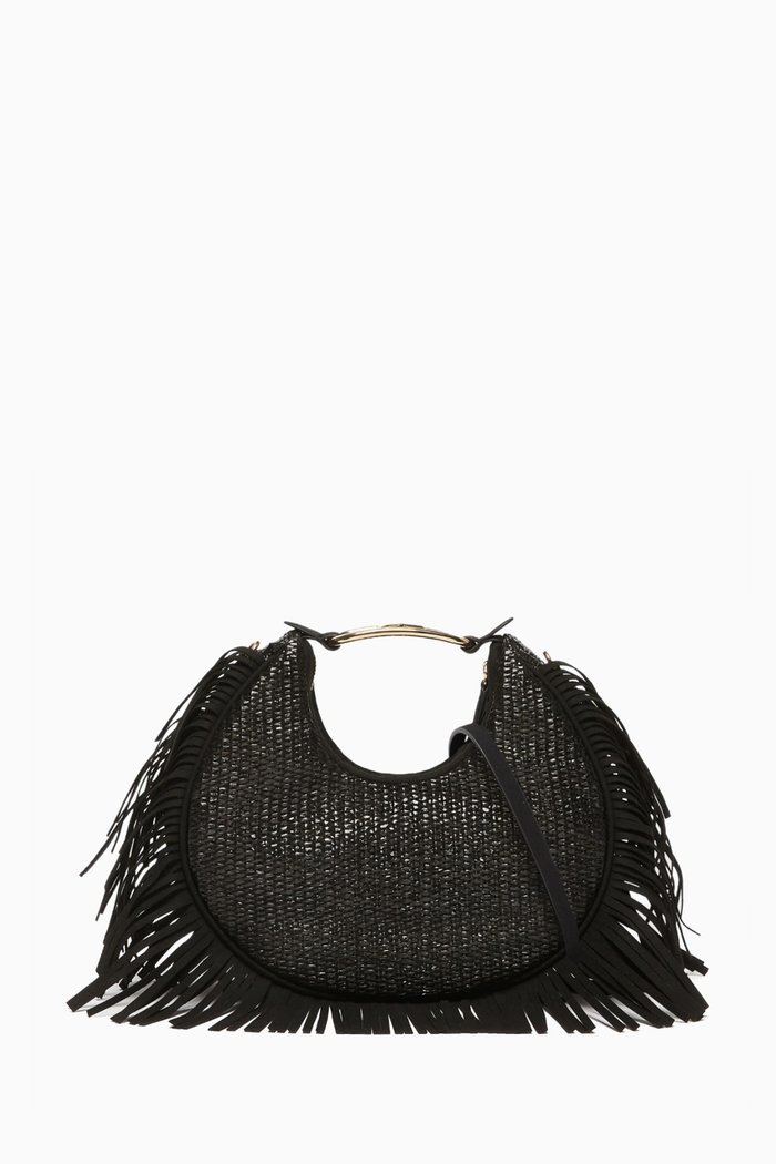

Half Moon-Shaped Fringe Top Handle Bag in Raffia, Black