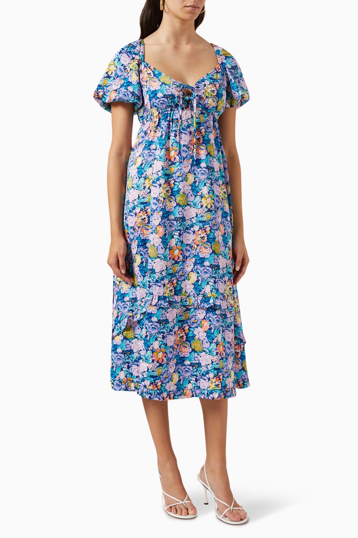 

Yassilana Floral Midi Dress in Recycled Polyester, Blue