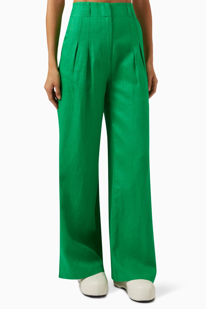 Bloo Pleated Pants in Linen, Green