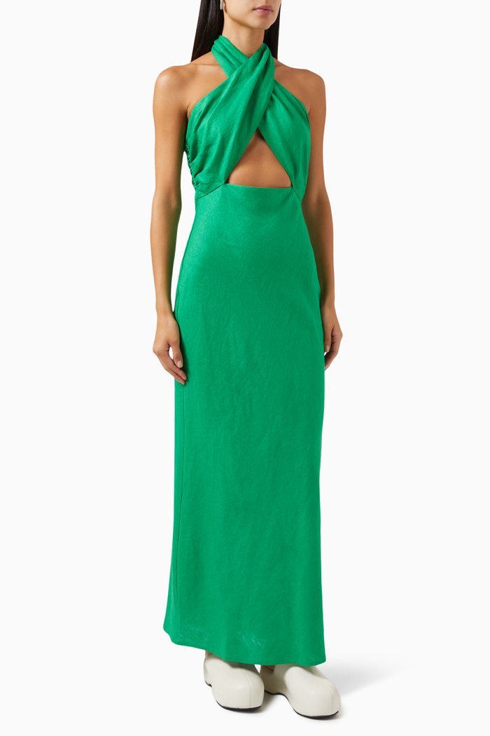 

Yabba Cross-over Maxi Dress in Linen, Green