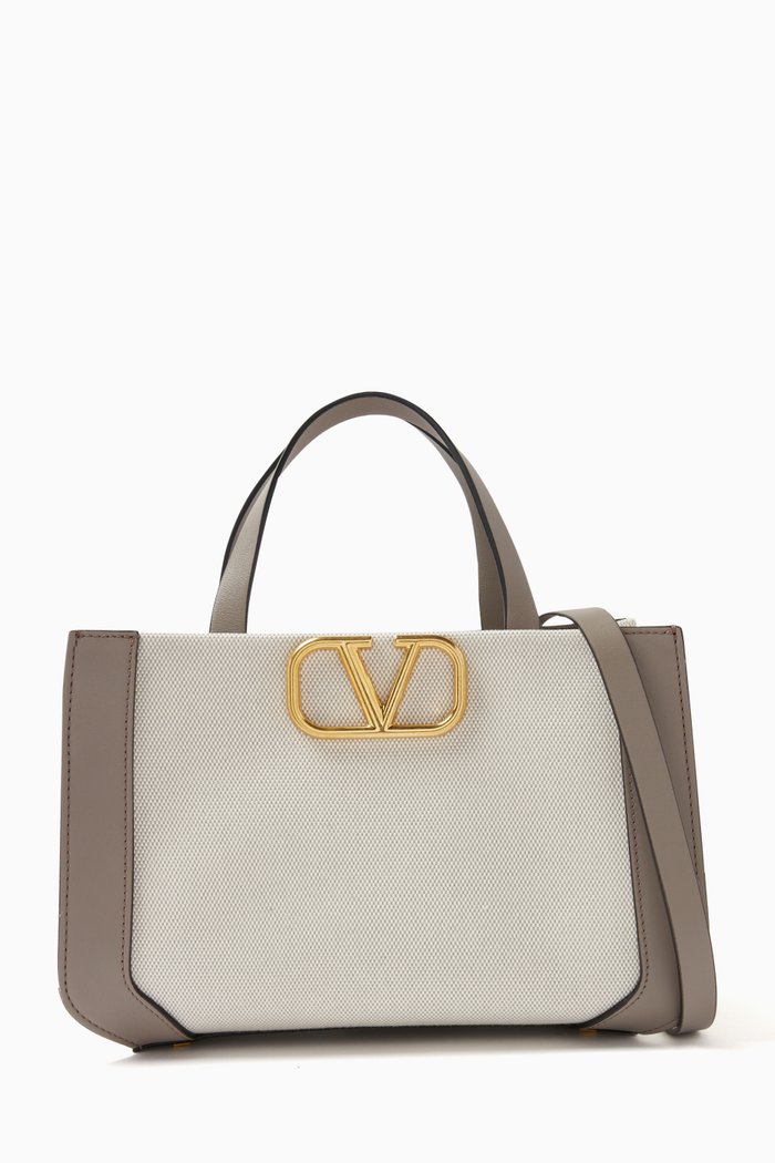 Valentino Garavani VLOGO Signature Small Tote Handbag in Canvas, Neutral