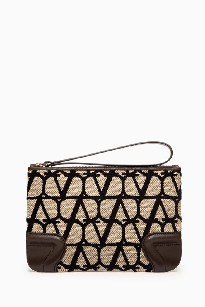 Valentino Garavani Zipper Pouch in Toile Iconographe Canvas, Neutral