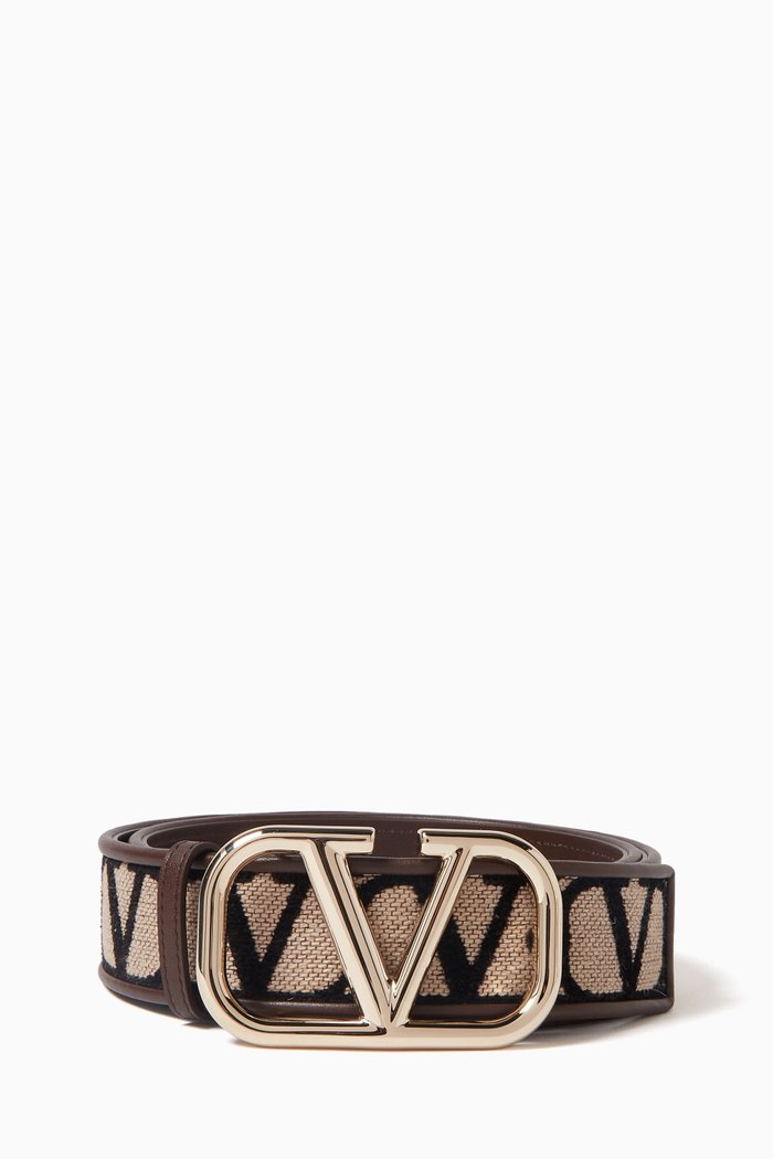 

Valentino Garavani VLOGO Belt in Toile Iconographe Fabric & Leather, 40mm, Brown