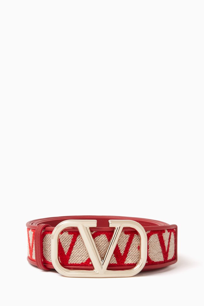

Valentino Garavani VLOGO Belt in Toile Iconographe Fabric & Leather, 40mm, Red