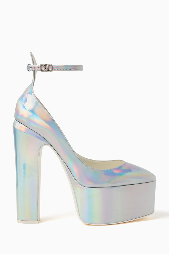 

Valentino Garavani Tan-Go 155 Platform Pumps in Iridescent Metallic Leather, Silver
