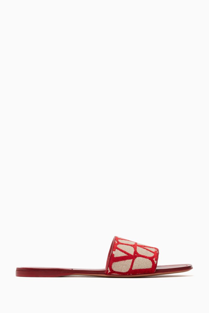 

Valentino Garavani Toile Iconographe Slide Sandals in Canvas & Leather, Red
