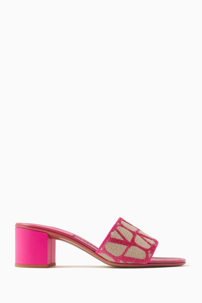 

Valentino Garavani Toile Iconographe 60 Mule Sandals in Canvas & Leather, Pink