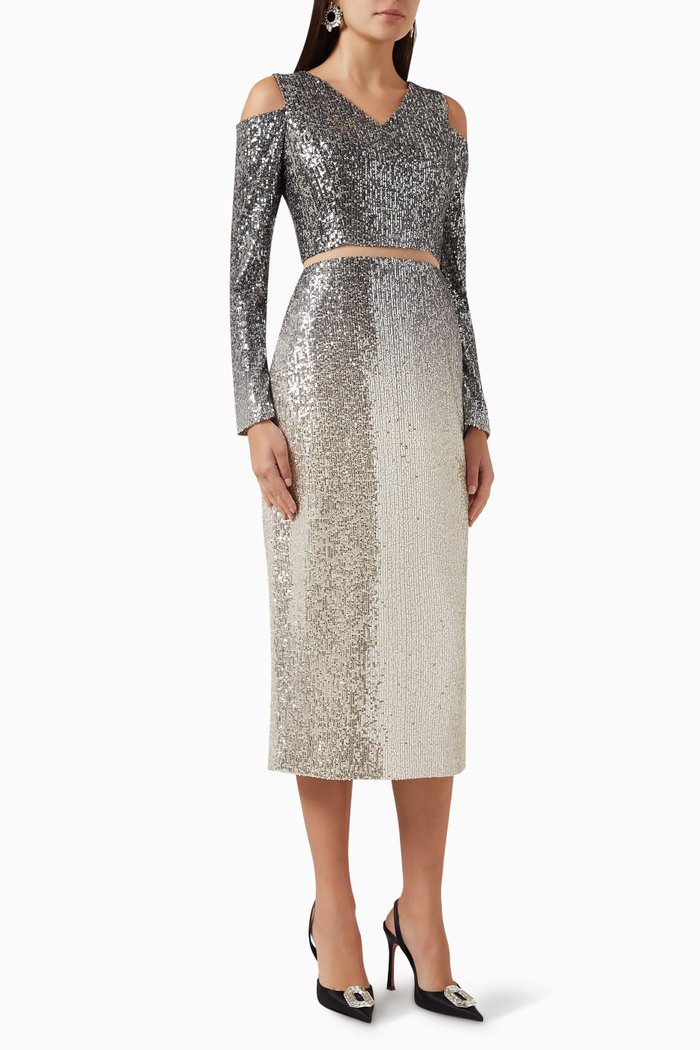 V-neck Midi Dress in Ombre-sequins, Silver