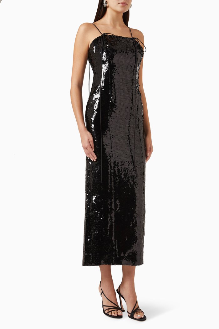 Strappy Midi Dress in Sequins, Black