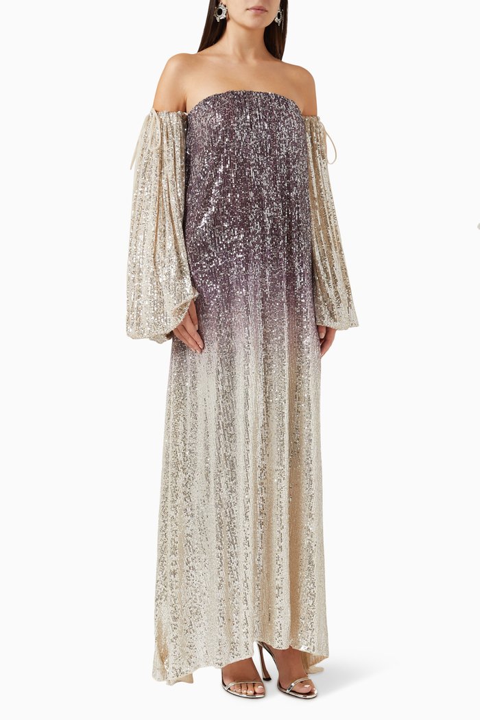 

Off-shoulder Gathered Maxi Dress in Ombre-sequins, Purple