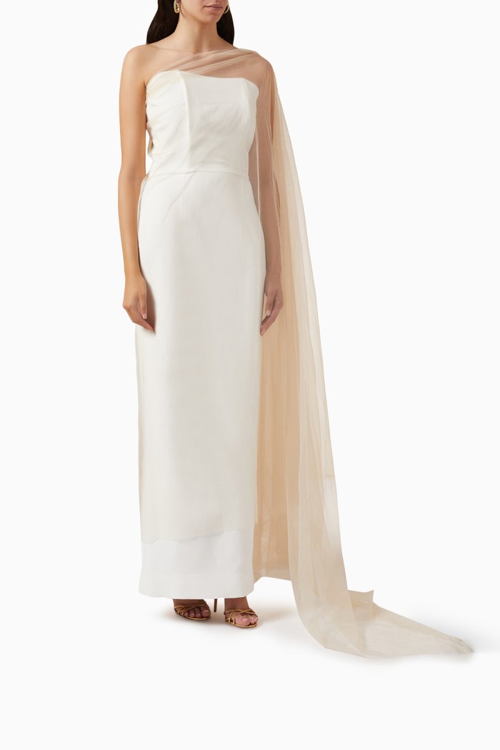 

Gathered Tulle Maxi Dress in Crepe, White