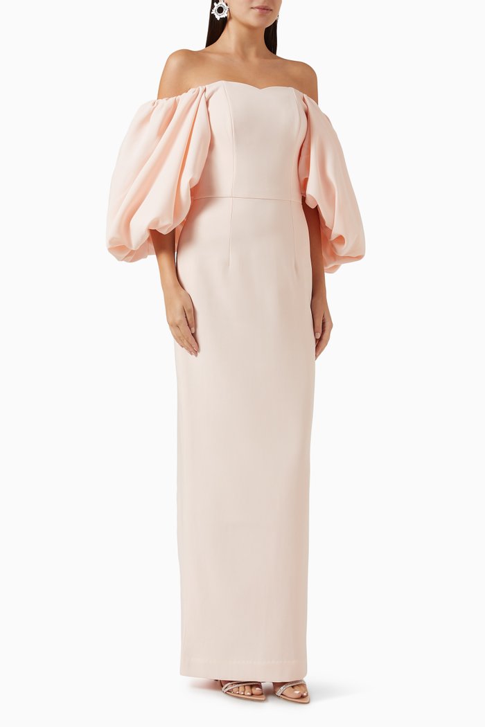 

Off-shoulder Puff-sleeves Gown in Crepe, Pink