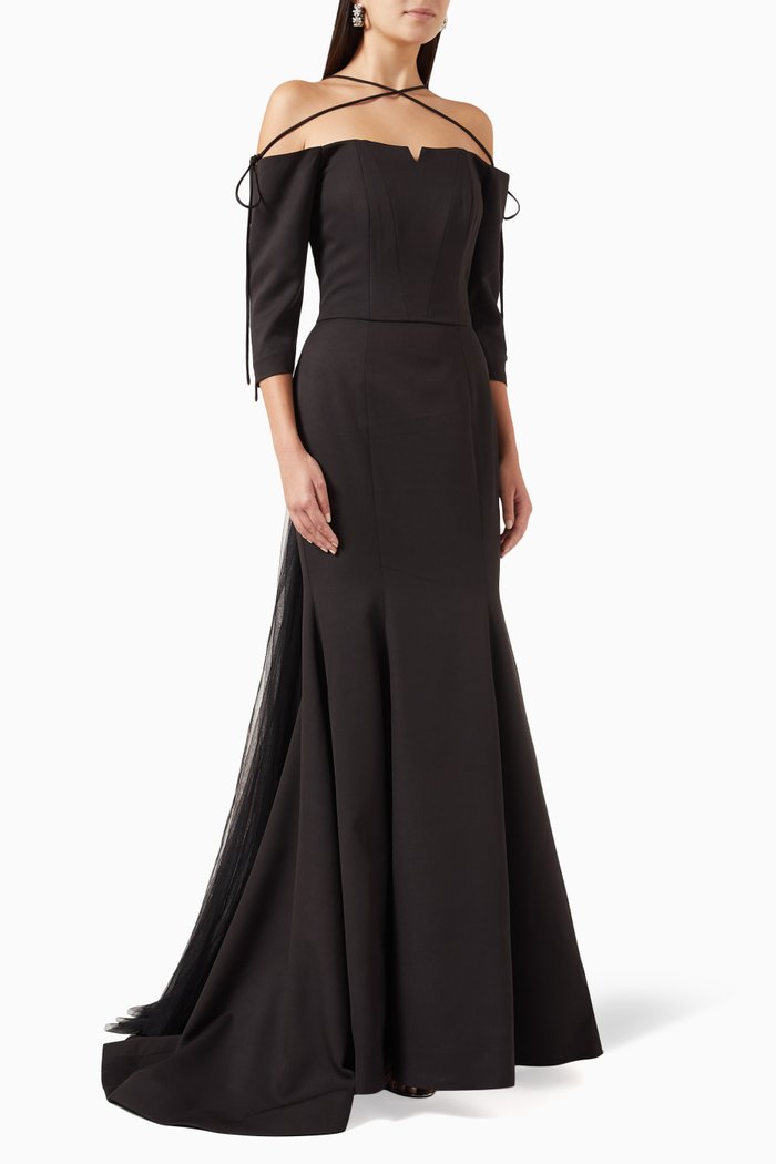 

Strappy Mermaid Gown in Crepe & Tulle, Black