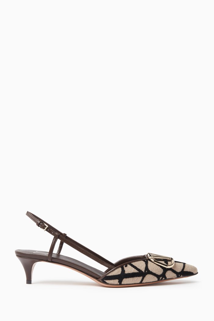 Valentino Garavani VLOGO Signature 40 Slingback Pumps in Jacquard Canvas & Leather, Brown