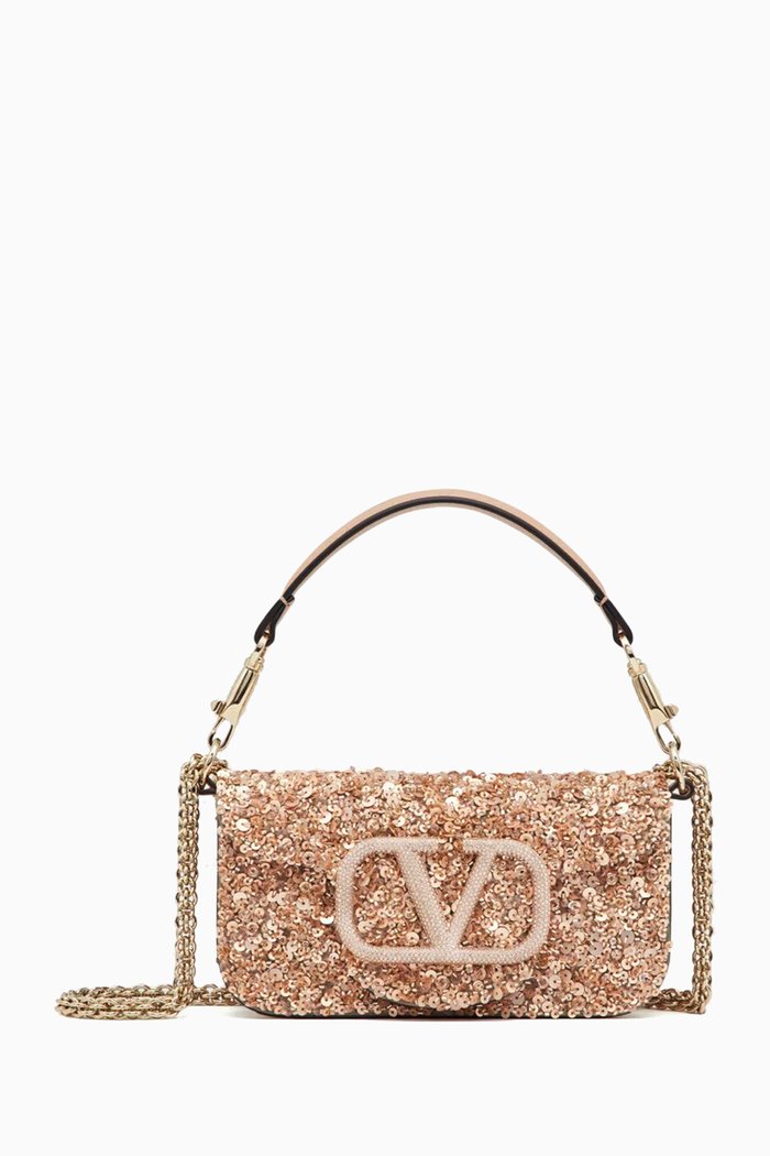 

Valentino Garavani Small Locò Shoulder Bag in Sequin Embroidery, Pink