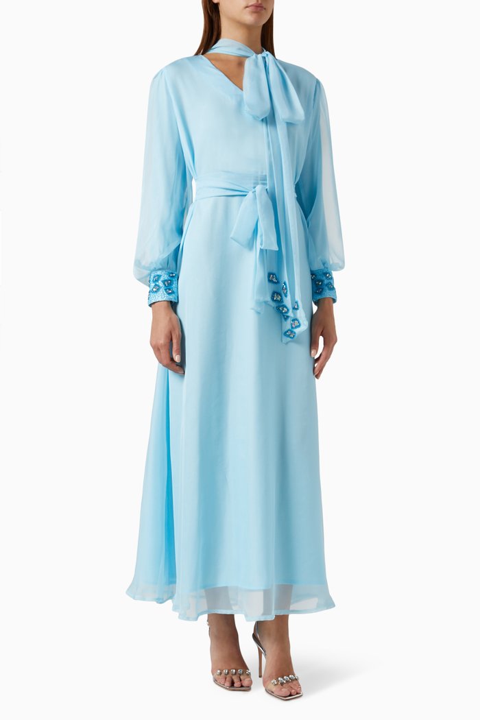

Neck-tie Maxi Dress in Silk Chiffon, Blue