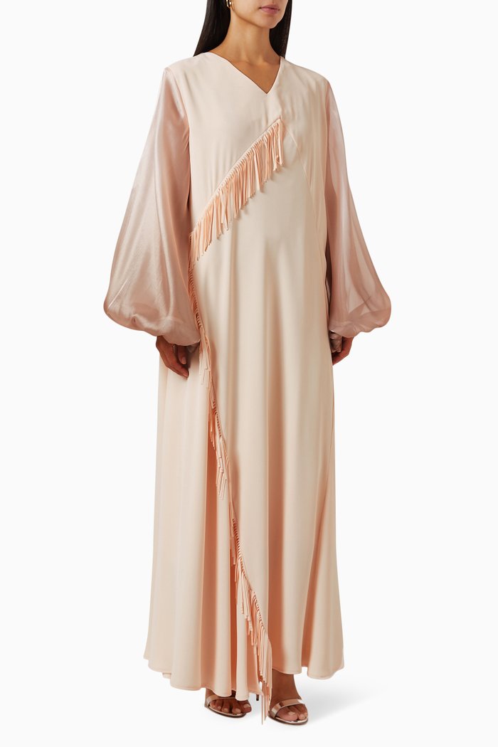 

Fringed Blouson-sleeves Maxi Dress, Neutral