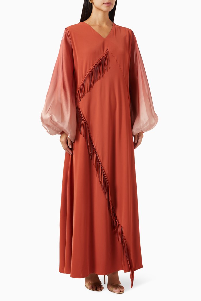 

Fringed Blouson-sleeves Maxi Dress, Orange