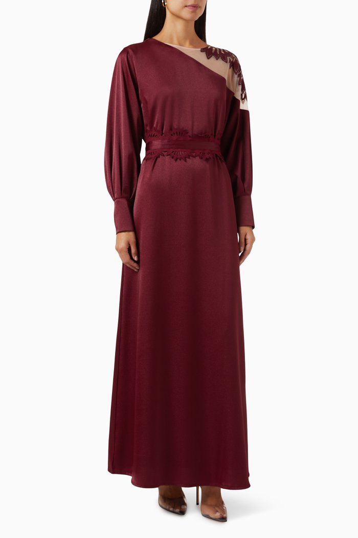 

Mesh-shoulder Belted Maxi Dress, Red