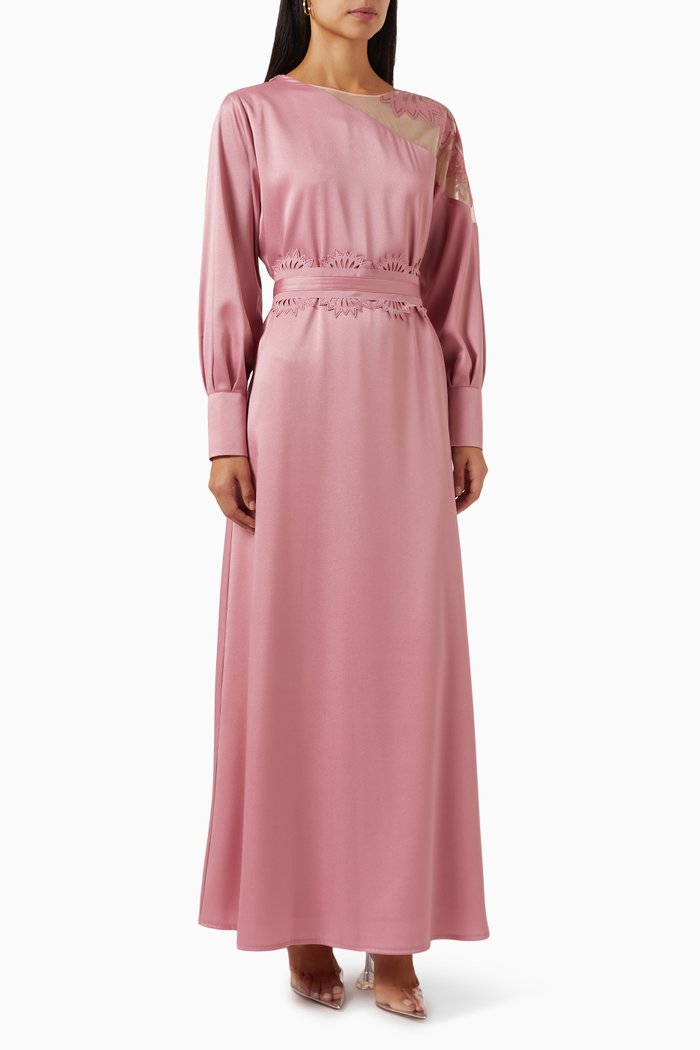 

Mesh-shoulder Belted Maxi Dress, Pink