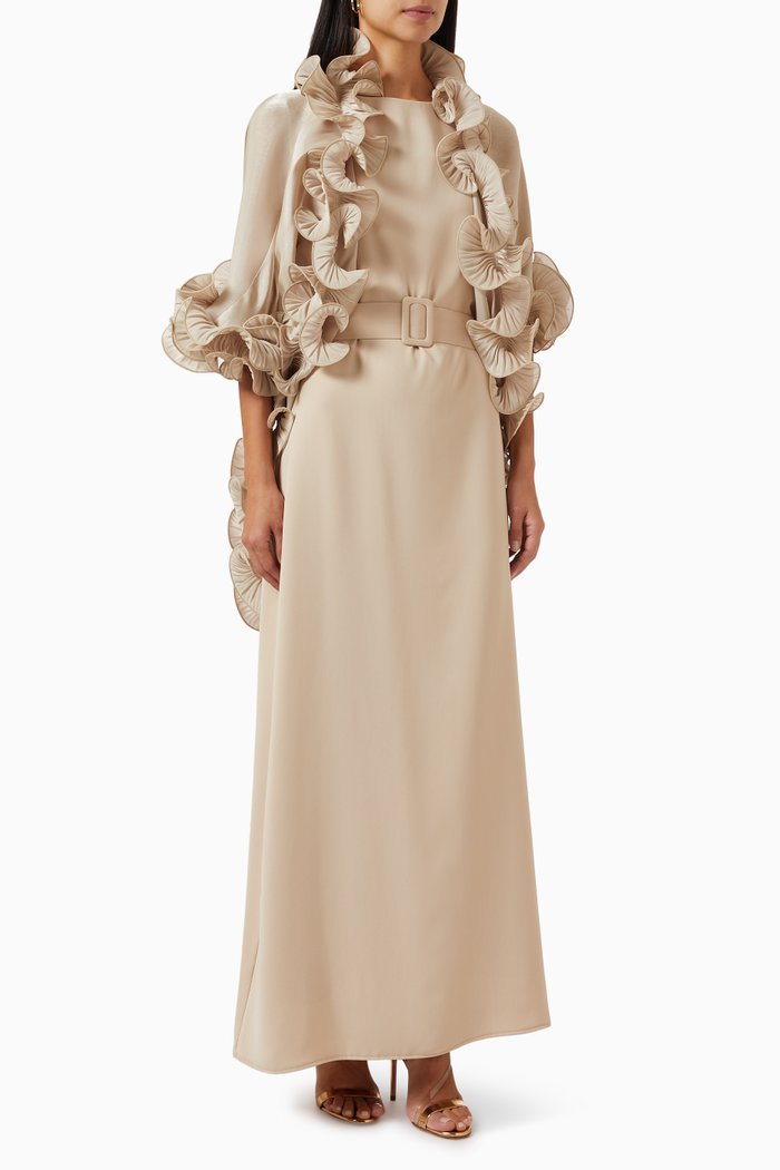 

Detachable Ruffled Cape Maxi Dress in Crepe, Neutral
