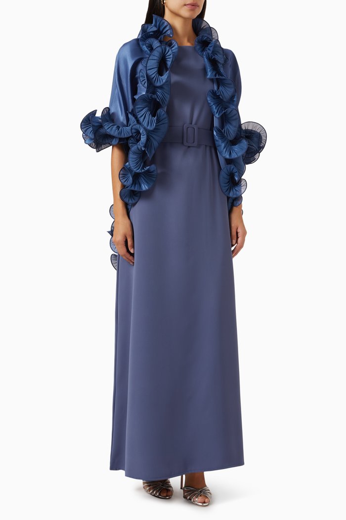 

Detachable Ruffled Cape Maxi Dress in Crepe, Blue