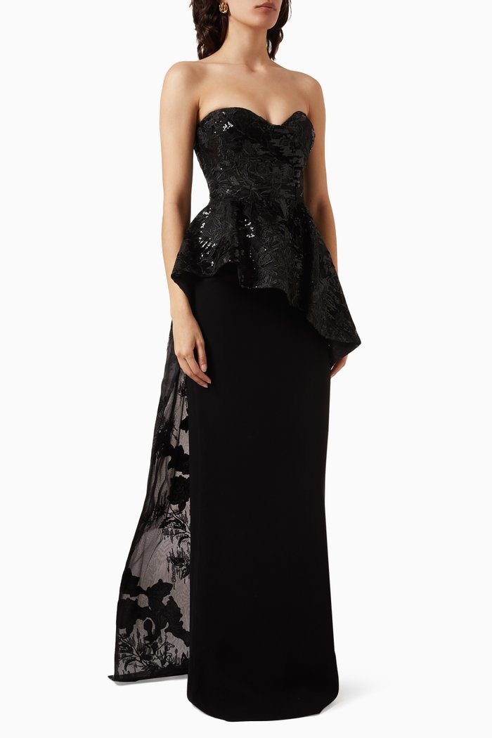 

Strapless Embellished Maxi Dress in Crepe, Black