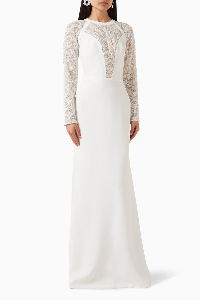 

Beaded Maxi Dress in Crepe, White