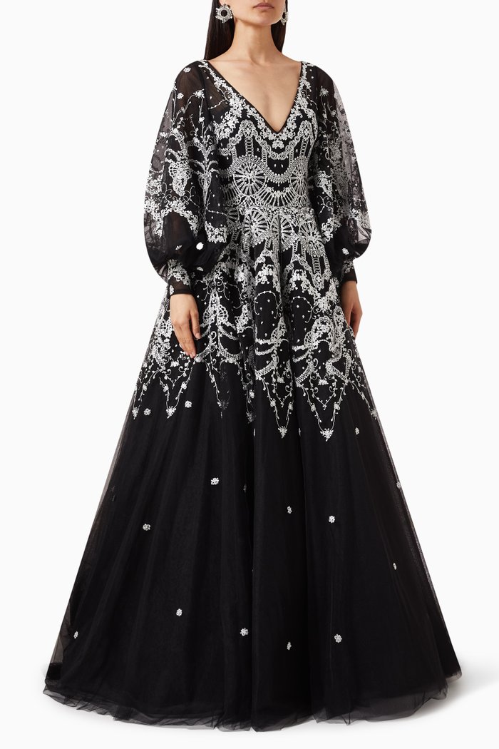 Embroidered Gown in Tulle, Multicolour