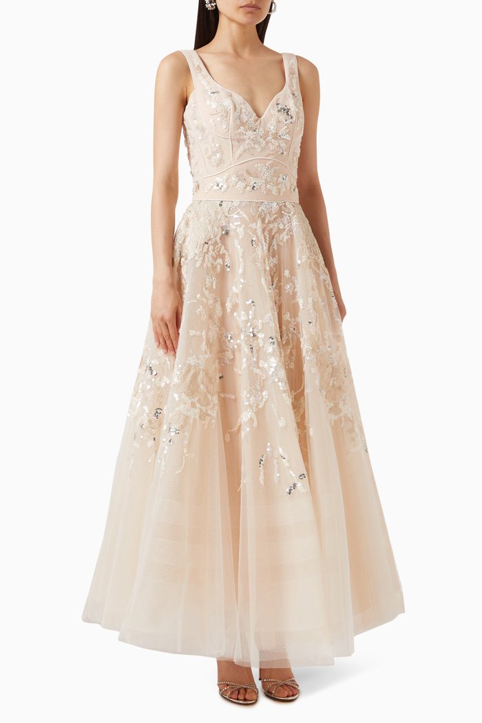 

Beaded Maxi Dress in Satin & Tulle, Neutral