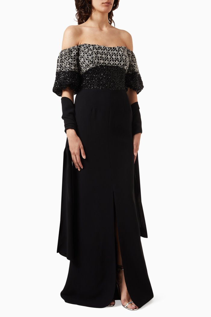 

Off-shoulder Embellished Maxi Dress, Black
