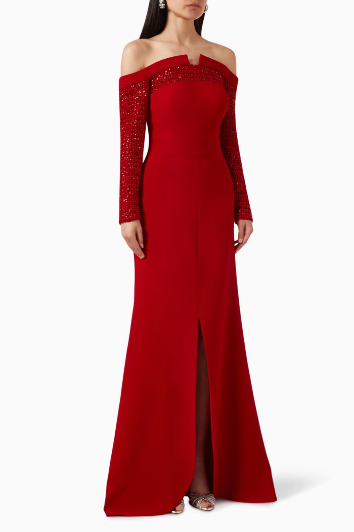 

Beaded Off-shoulder Maxi Dress in Crepe, Red