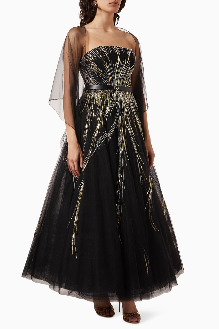 Sequin-embellished Maxi Dress in Tulle, Black